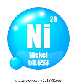 Ícone de níquel. Ni elemento químico. Número atômico 28. Massa 58.693. Imagem de esfera azul. Símbolo de vetor.