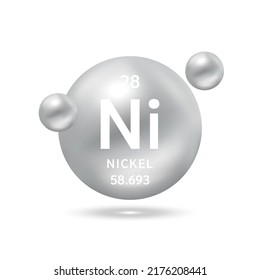 Nickel molecule models silver and chemical formulas scientific element. Isolated spheres on white background. 3D Vector.