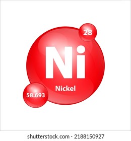 Nickel (Ni) icon structure chemical element round shape circle red easily.  Chemical element of periodic table Sign with atomic number. Study in science for education. 3D Illustration vector.