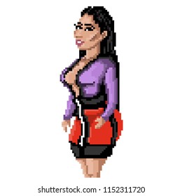 Nicki Minaj Pixel Art Sexy Girl In Purple Sweater And A Red Skirt New. Vector Logo Design.