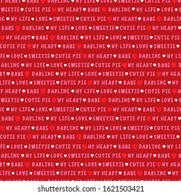 Nicknames for lovers text arranged in rows with tiny heart shapes on a red background for Valentine’s Day gift wrapping or packaging print.