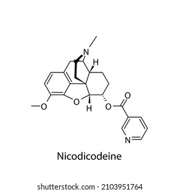 Estructura molecular nicodicodeina, fórmula química esquelética plana. Opioide, analgésico, narcótico, analgésico, utilizado para el tratamiento. Ilustración vectorial.