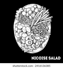 Nicoise salad hand drawn sketch. Top view. French food. Vector illustration.