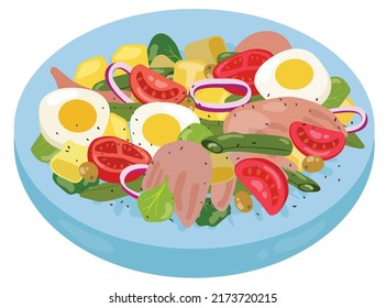 Nicoise salad with tuna on the blue plate. French cuisine. Hand drawn vector illustration. Suitable for website, stickers, postcards, menu.