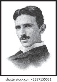 Nicola o Nikola Tesla retrata la ilustración de un bosquejo de lápiz. Afiche, Decoración de Paredes, Postales, Banner De Medios Sociales, Fondo De Diseño De Portadas De Folletos. Patrón vectorial.