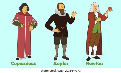 Nicolaus Copernicus, Johannes Kepler and Isaac Newton. Astronomers, scientists, physicists as cartoon characters. Astronomy, Science and Physics.