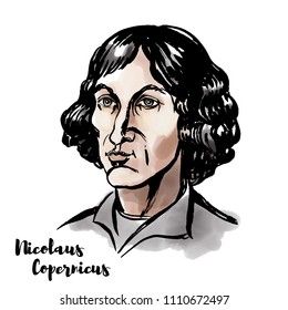 Nicolaus Copernicus watercolor vector portrait with ink contours. Renaissance-era mathematician and astronomer who formulated a model of the universe.