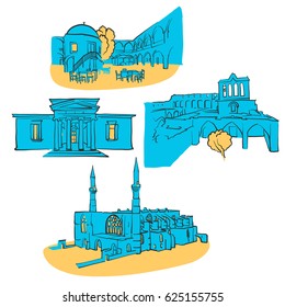 Nicosia	Cyprus Colored Landmarks, Scalable Vector Monuments. Filled with Blue Shape and Yellow Highlights. 
