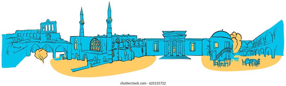 Nicosia	Cyprus Colored Panorama, Filled with Blue Shape and Yellow Highlights. Scalable Urban Cityscape Vector Illustration 