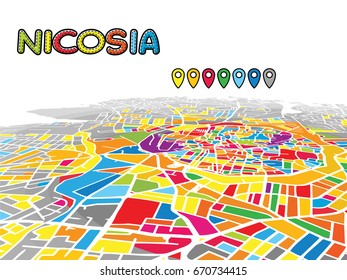 Nicosia, Cyprus, Downtown 3D Vector Map of Famous Streets. Bright foreground full of colors. White Streets, Waterways and grey background areal. White Horizon.