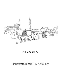 Nicosia Cyprus famous architecture. Outlined vector sketch separated on white background. Architecture drawings of all European capitals.