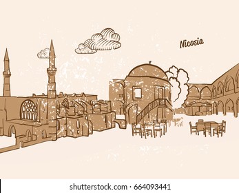 Nicosia, Cyprus, Greeting Card, hand drawn image, famous european capital, vintage style, vector Illustration