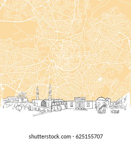 Nicosia	Cyprus Skyline Map, One Color Scalable Vector Art Print with Urban Cityscape Illustration