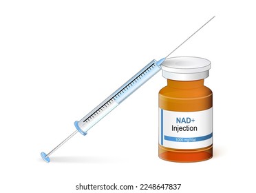 Nicotinamide adenine dinucleotide. Syringe, and vial for injection. Life extension. Anti-aging therapy. NAD+ helps convert food to energy, maintaining DNA integrity and proper cell function.