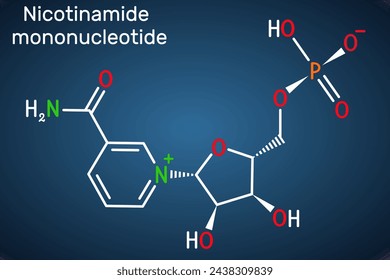 Nicotinamide mononucleotide, NMN molecule. It is naturally anti-aging metabolite, precursor of NAD+. Structural chemical formula on the dark blue background. Vector illustration