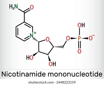 Nicotinamide mononucleotide, NMN molecule. It is naturally anti-aging metabolite, precursor of NAD+. Skeletal chemical formula. Vector illustration