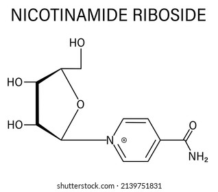 Molécula ribosida de nicotinamida (NR). Precursor de la nicotinamida adenina dinucleotida (NAD). Fórmula esquelética.