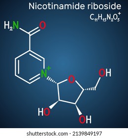 Nicotinamide riboside, NR, SR647 molecule. It is N-glycosylnicotinamide, pyridine nucleoside similar to vitamin B3. Structural chemical formula on the dark blue background. Vector illustration