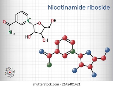 Nicotinamide riboside, NR, SR647 molecule. It is N-glycosylnicotinamide, pyridine nucleoside similar to vitamin B3. Structural formula, molecule model. Sheet of paper in a cage. Vector illustration