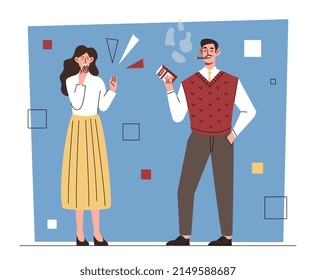 Nicotine addiction concept. Young woman suffocates from unpleasant smell of cigarettes. Man talks to girl and smokes. Bad habit harmful to health. Cartoon contemporary flat vector illustration