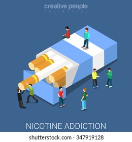 Nicotine addiction flat 3d isometry isometric concept web vector illustration. Micro people taking cigarette out of pack. Creative people collection.