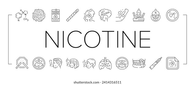 nicotine cigarette tobacco smoke icons set vector. smoke addiction, health chemical, chemistry formula, drug molecule, molecular stop nicotine cigarette tobacco smoke black line illustrations