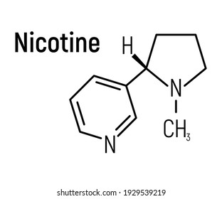 Nicotine concept chemical formula icon label, text font vector illustration, isolated on white. Periodic element table, addictive drug stuff.