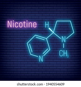 Nicotine concept glow neon style chemical formula icon label, text font vector illustration, isolated on wall background. Periodic element table, addictive drug stuff.