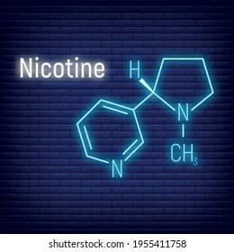 Nicotine concept glow neon style chemical formula icon label, text font vector illustration, isolated on wall background. Periodic element table, addictive drug stuff.