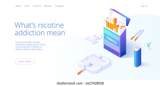 Nicotine dependence or smoking addiction illustration in isometric vector design. Cigarette package woth ashtray and lighter as concept for tobacco addict or smoker. Web banner layout template. 