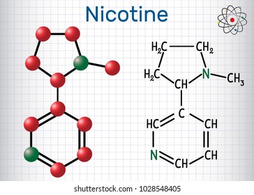 Nicotine molecule, is alkaloid , found in the nightshade family of plants. Structural chemical formula and molecule model. Sheet of paper in a cage.Vector illustration

