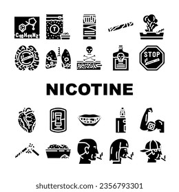 íconos insalubres de nicotina tabaco conjunto vector. producto sanitario, desgaste de peligro, bolsa química, estilo de vida de caja, tabaco nicotina tabaco pictograma glifo no saludable cigarrillos Ilustraciones