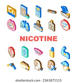 íconos insalubres de nicotina tabaco conjunto vector. producto sanitario, suavizado de peligro, bolsa química, estilo de vida de caja, tabaco nicotina fumar cigarrillo ilustraciones de signos isométricos poco saludables