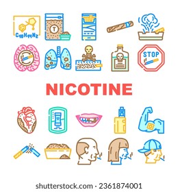 íconos insalubres de nicotina tabaco conjunto vector. producto sanitario, suavizado de peligro, bolsa química, estilo de vida de caja, tabaco para fumar cigarrillos nicotina tabaco ilustraciones de línea de color insalubres