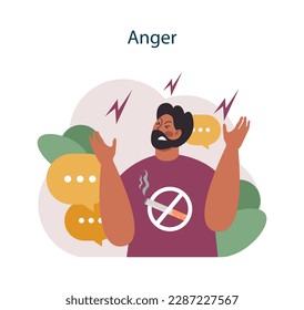 Nicotine withdrawal symptom. Anger as a common effect on character that quit smoking. Bad habit rehab. Flat vector illustration