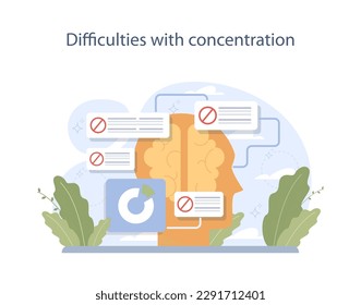 Nicotine withdrawal symptom. Difficulties with concentration as a common effect on character that quit smoking. Bad habit rehab. Flat vector illustration