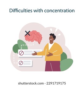 Nicotine withdrawal symptom. Difficulties with concentration as a common effect on character that quit smoking. Bad habit rehab. Flat vector illustration