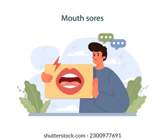 Nicotine withdrawal symptom. Mouth sores as a common effect on character that quit smoking. Bad habit rehab. Flat vector illustration