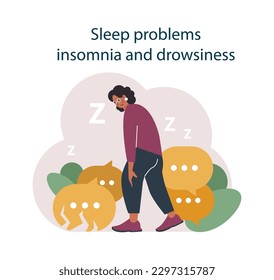Nicotine withdrawal symptom. Sleep problems, insomnia and drowsiness as a common effect on character that quit smoking. Bad habit rehab. Flat vector illustration