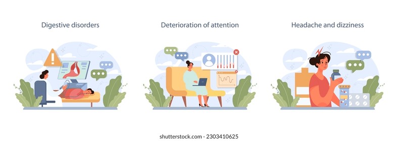 Nicotine withdrawal symptoms set. Common effects on character that quit smoking. People craving a cigarette. Bad habit' physical, mental and emotional rehab. Flat vector illustration