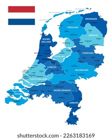 
Niederdands highly detailed map. Vector blue illustration with borders, cities and national flag