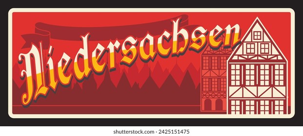 Niedersachsen German city retro travel plate sign, european tourist destination. Deutschland Europe landmark, road sign. Vector Germany states metal plate with tagline, tourist destination signage