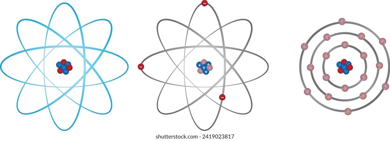 niels bohr atomic nucleus structure icon collection. Around the atom, gamma waves, protons, neutrons, and electrons. simple vector for atomic structure