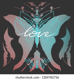 Nifty gental butterfly. Noble fantasy fairy insect. Vintage nature print for textile or flash tattoo. Trendy color transitions lined design. - Vector