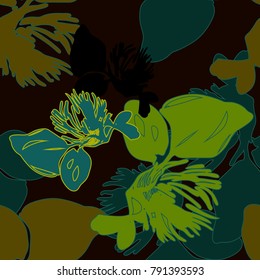 Nifty gental clover botanical pattern. Vintage nature bloom seamless on dark brown colored background. Ink drawing sketch print for textile. Jungle flowers bright green leaves design.
