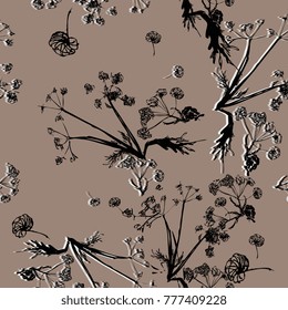 Nifty gental herbal pattern for winter and spring pattern. Footstalk, seeds, leawes in winter field. First snow on botanic elements of garden and forest. Vintage hand drawing flowers. Beige background