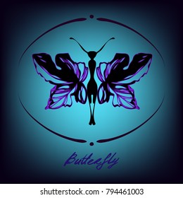 Nifty gentle butterfly. Noble fantasy fairy insect. Vintage nature print for textile or flash tattoo. Trendy color transitions lined design for cover.