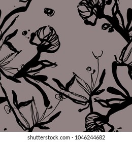Nifty gentle flower botanical pattern. Noble leaves jungle. Vintage nature seamless on grey colored background. Ink drawing sketch print for textile. Trendy lined ink design.