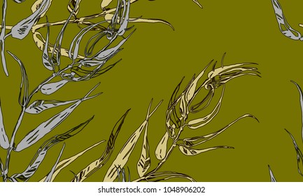 Nifty gentle flower botanical pattern.
 Noble leaves jungle. Vintage nature seamless
 on olive colored background. Oriental Ink drawing sketch
 print for spring and summer textil  design.