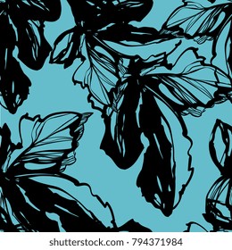 Espectáculo botánico de flor gental. Noble deja la jungla. Naturaleza vintage sin fisuras sobre fondo azul. Dibujo manuscrito impreso para textil. Diseño de tintas alineadas a la moda.
